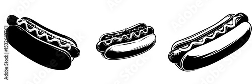 The modern hot dog is depicted in a black silhouette set against a white background with a simple design
