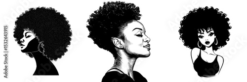 A modern portrait of a Black Afro African American female with a natural hair puff hairstyle is depicted in a profile head face silhouette drawing illustration for a beauty salon logo or T shirt