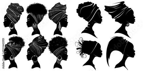 Profiles of african american females are depicted in head wraps, showcasing beautiful black women in a modern fashion illustration set against a white background, featuring various silhouettes of the