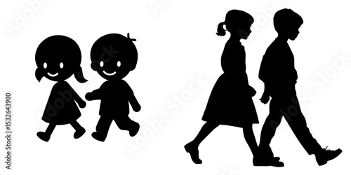 Children, including a girl and a boy, are depicted walking, playing, and jumping in this modern silhouette collection