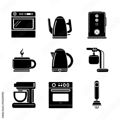 This icon set consists of black and white images of household and kitchen appliances, with each item displayed as a black shape on a white background, representing the electrical devices used in