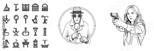 A black and white icon of a detective woman is included in a collection with various other items