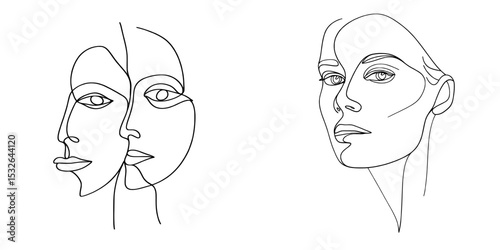 A collection of portraits featuring a continuous line, minimalist modern illustration of a beautiful woman's face, suitable for t-shirt and slogan design print graphics