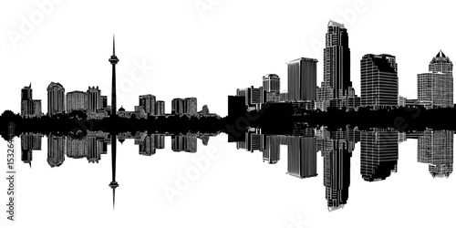 The silhouette of Orlando's skyline is reflected, set against a landscape of Orlando, Florida, in a modern illustration