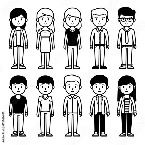 Flat style sketch of modern people, isolated with silhouettes, is presented here
