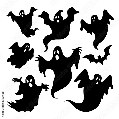 The set consists of hand drawn Halloween ghosts and silhouettes of ghosts flying against a white background