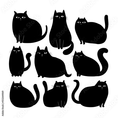 A white background provides the setting for a set of cute black cat doodles, which showcase a group of cartoon animal characters in different poses, created in a modern silhouette style