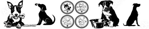 The collection includes a dog SVG bundle, black dog silhouette, puppy SVG, dog footprint SVG, pet SVG, dog eating SVG, dog playing SVG, and dog cut files SVG