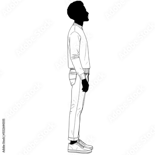 The figure of a black man at full growth is silhouetted wearing a sweater and jeans