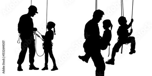 A modern collection of silhouettes depicts people, including men, women, and kids, rock climbing in various indoor and outdoor settings as free climbers