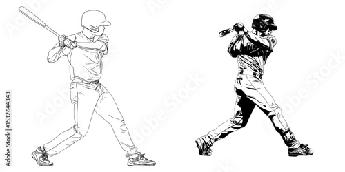 A baseball player is depicted through modern design and illustration, as well as through a silhouette that is used in modern art, icons, and modern images, all of which are part of a collection