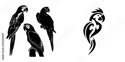 Silhouette set of parrot birds for cutting and stencil templates