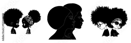 Modern illustration featuring silhouettes of afro kids' faces in profile, including both a boy and a girl