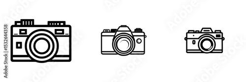 The camera icon set includes a photo camera represented in a flat style symbol, accompanied by photography camera line art signs, all in a modern illustration