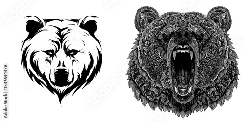 Grizzly bear face, SVG silhouettes of grizzly bear faces, and modern designs featuring black and white grizzly bears