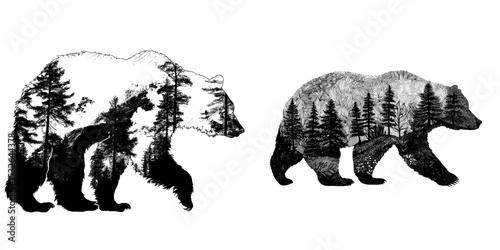 The silhouette of a black bear is depicted in isolation on a white background as a modern image
