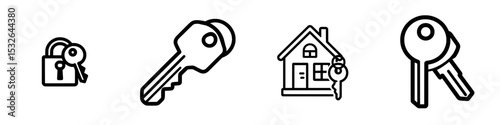 The key icon set includes a key lock icon, access account login password icons, a house key icon, and a security symbol, all for a modern interface with app icons