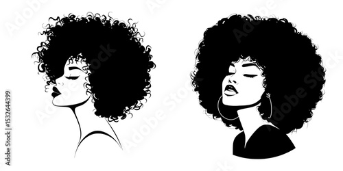 Modern illustration presents the side profile of an African American woman with a curly hairstyle in a black silhouette