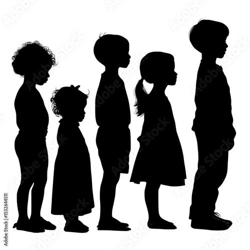 A collection of black silhouettes depicting kids standing in a row with varied poses