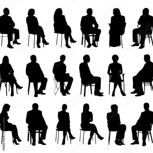 A modern assortment of detailed silhouettes featuring individuals seated, isolated on a white background