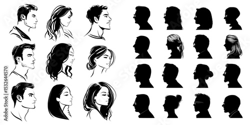 Modern illustration featuring a diverse group of men and women in detailed silhouette, set against a white background