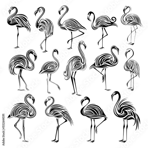 Isolated on a white background, a large pack of flamingo silhouettes showcases modern design
