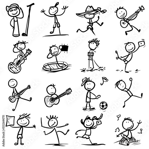 The terms stick figure set, pictogram, stick man, stickman, and stick cartoon are often used interchangeably