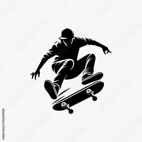 High-flying skateboarder silhouette logo capturing mid-air trick with dynamic motion lines in bold monochrome vector