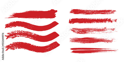 Straight red ink vector lines pack. Bloody color long and round hand-drawn brushstroke text highlights, frames, circles. Asian calligraphy modern