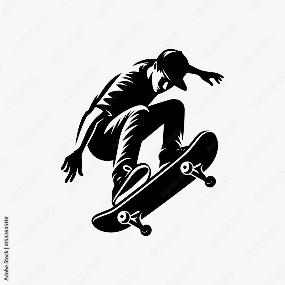 Edgy skate culture emblem featuring airborne boarder executing technical trick with dramatic speed streaks