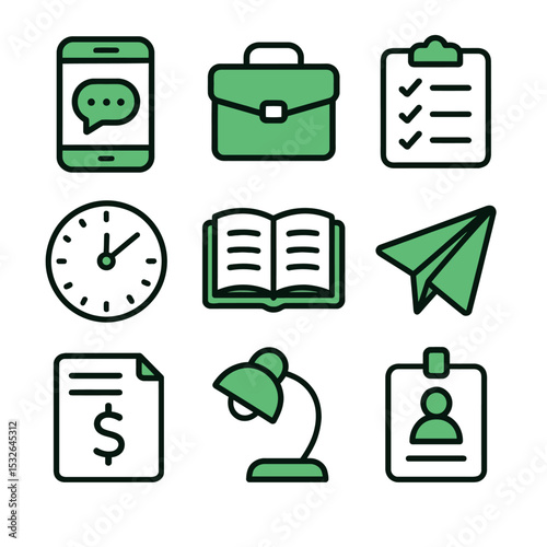 Business & office icons. Messanger, briefcase, checklist, clock, book, paperplane, bill, lamp, id card