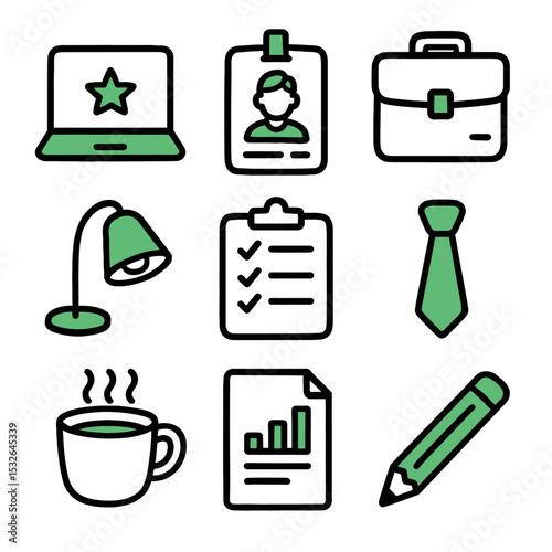 Business & office icons. Laptop, id card, lamp, coffee, briefcase, chart, pencil