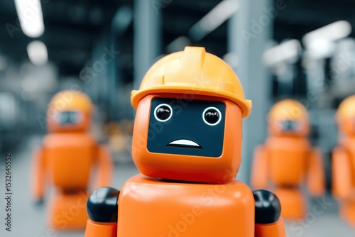 A close-up of an orange robot wearing a yellow construction helmet, with a worried expression, standing in an industrial setting with blurred similar robots in the background.