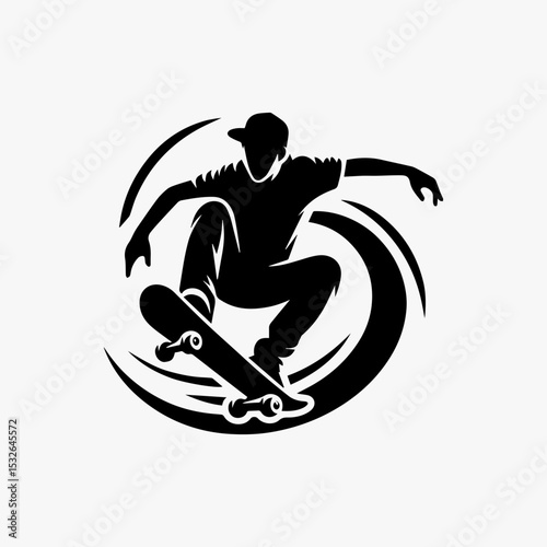 Minimalist extreme sports logo with black silhouette of skateboarder mid-flip showing perfect board control