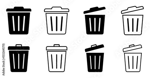 Set of trash bin icons in outline and solid styles. Suitable for waste management, sanitation, recycling, cleaning, and eco friendly application or interface design elements.