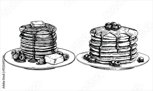Two stacks of pancakes with syrup and berries isolated on white background