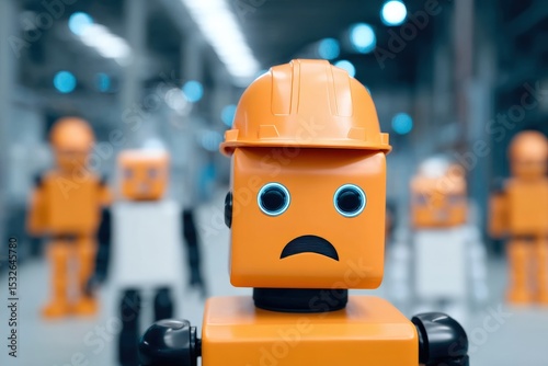 A sad orange robot wearing a hard hat stands in focus with other blurred robots in the background inside an industrial setting.