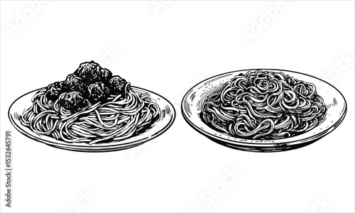 Two plates of spaghetti isolated on white background