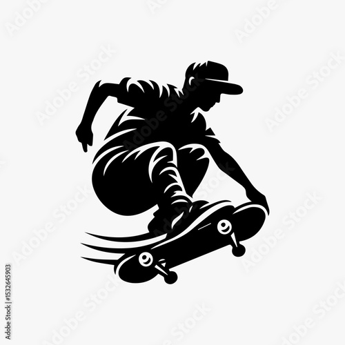 Minimalist extreme sports logo with black silhouette of skateboarder mid-flip showing perfect board control