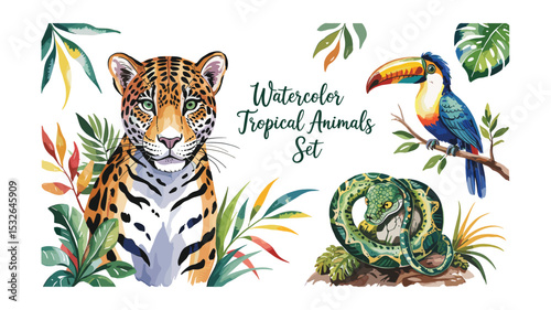 Watercolor Tropical Animals Set: Jaguar, Toucan, and Snake with Green Leaves