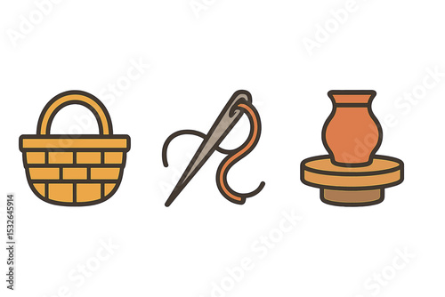 Craft icons: basket, needlework, pottery symbols on gray background