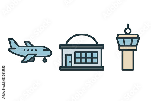 Airplane, terminal, and control tower airport icons on gradient background