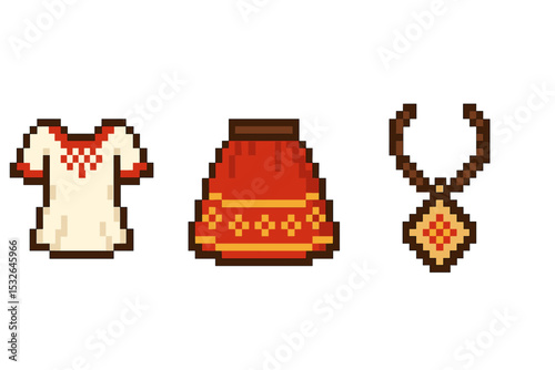 Pixel art traditional outfit with dress, skirt, and necklace