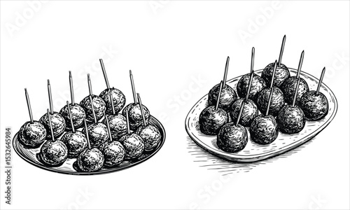 Plates of meatballs served with toothpicks isolated on white background