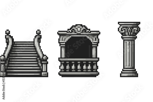 Pixel art architecture: stairs, balcony, and column in monochrome design