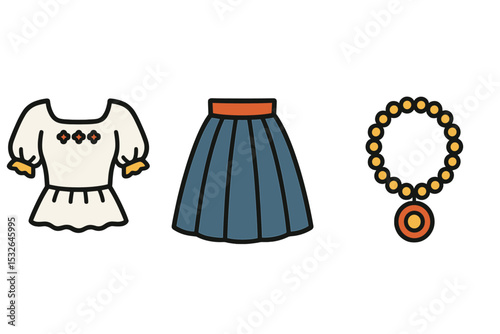 Traditional clothing icons with blouse, skirt, and necklace