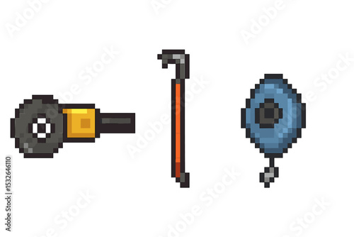 Pixel art tools - pipe, crowbar, and drill illustration