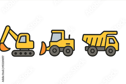 Yellow construction vehicle icons: excavator, bulldozer, dump truck illustration