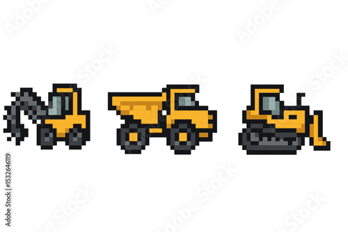 Pixel art construction vehicles: excavator, dump truck, bulldozer in yellow