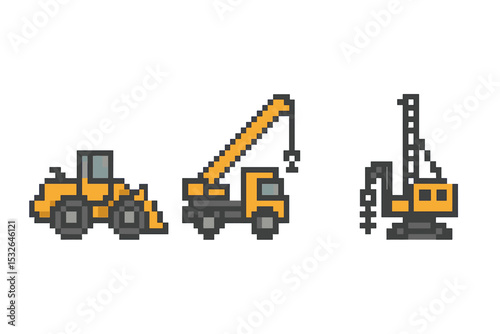 Pixel art construction vehicles: loader, crane, and drill on subtle dark background